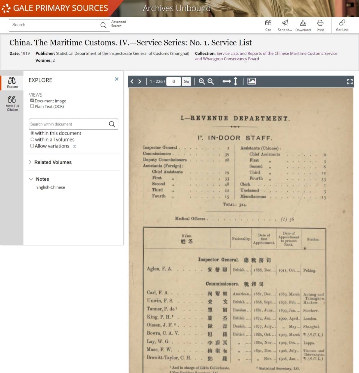 China. The Maritime Customs. IV.—Service Series: No. 1. Service List. Vol. 2, Statistical Department of the Inspectorate General of Customs, 1919.