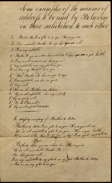 『信仰者同士が互いに用いる挨拶の例』（手稿, 1830年頃）/
Some Examples of the Manner of Address to Be Used by Believers in Their Salutation to Each Other. [ca. 1830.].