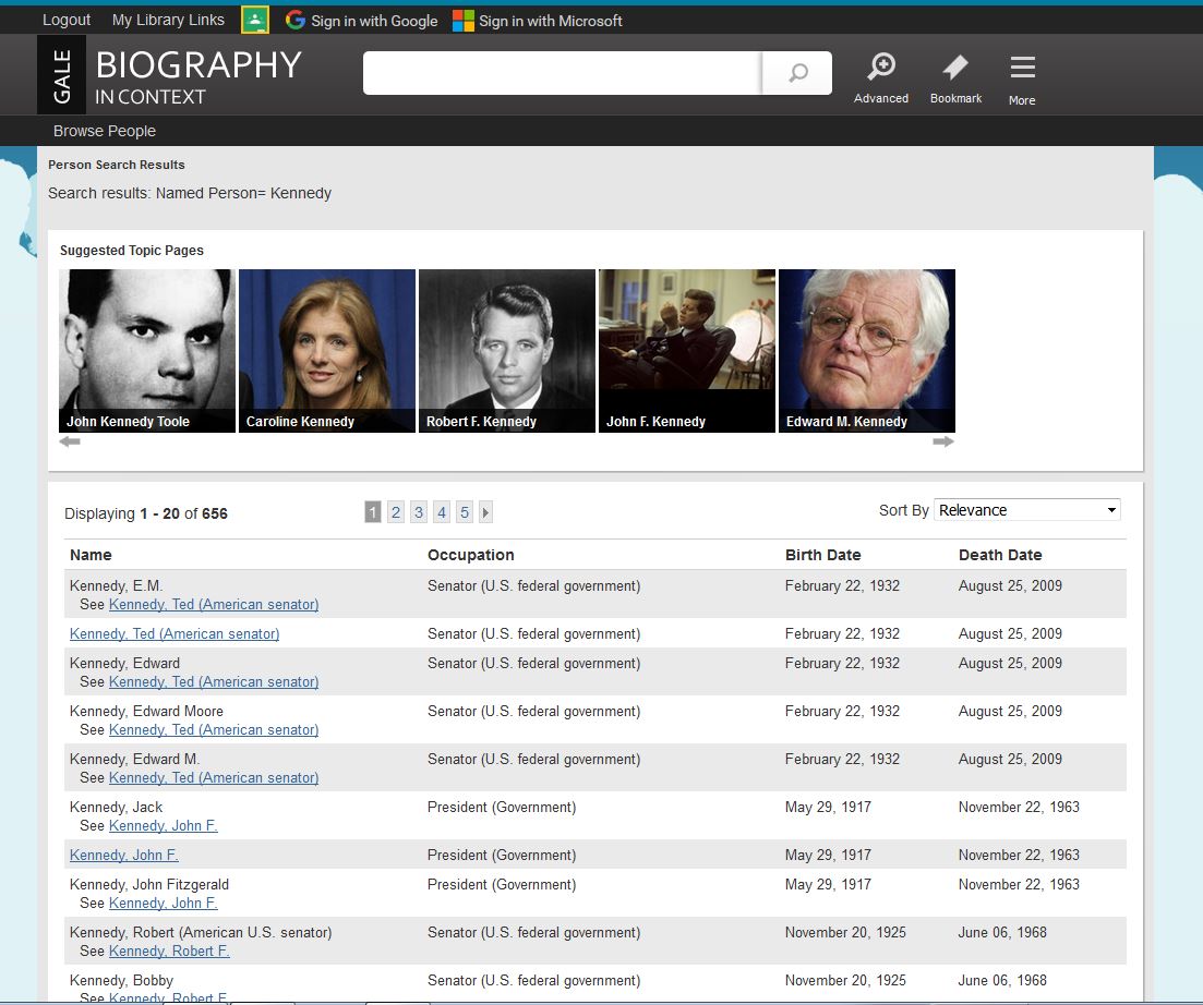 Person Search displays people results which include the name, occupation, birth and death dates.