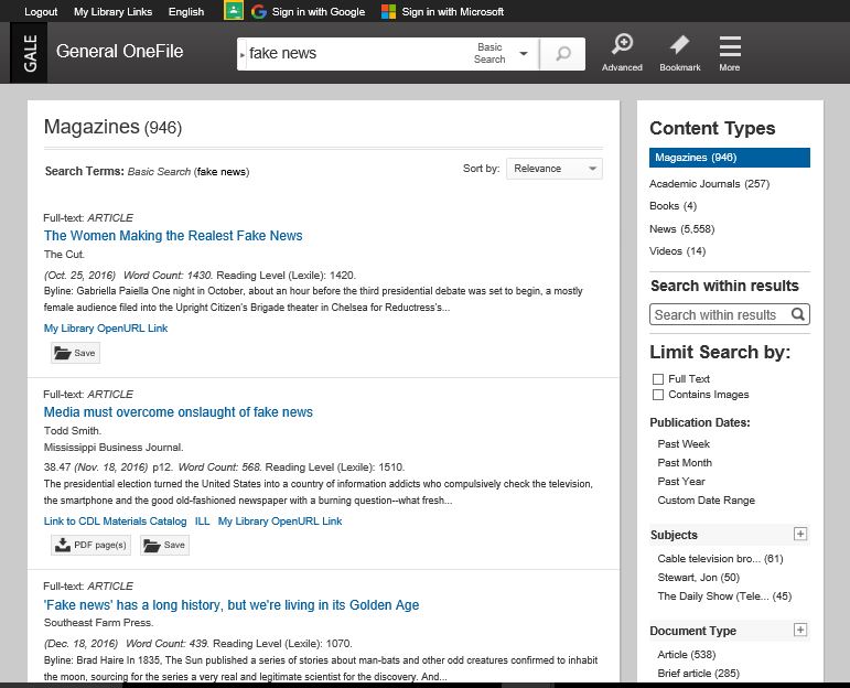Gale General OneFile search results page
