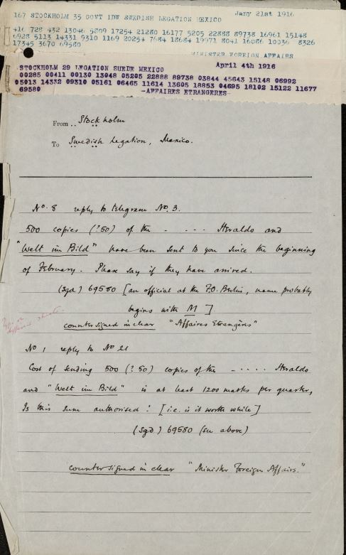 Room 40 German decrypts: diplomatic telegrams between Berlin & Mexico routed via Swedish diplomatic channels. 1916. MS Government Communications Headquarters: HW 7: Room 40 and successors: World War I Official Histories HW 7/7