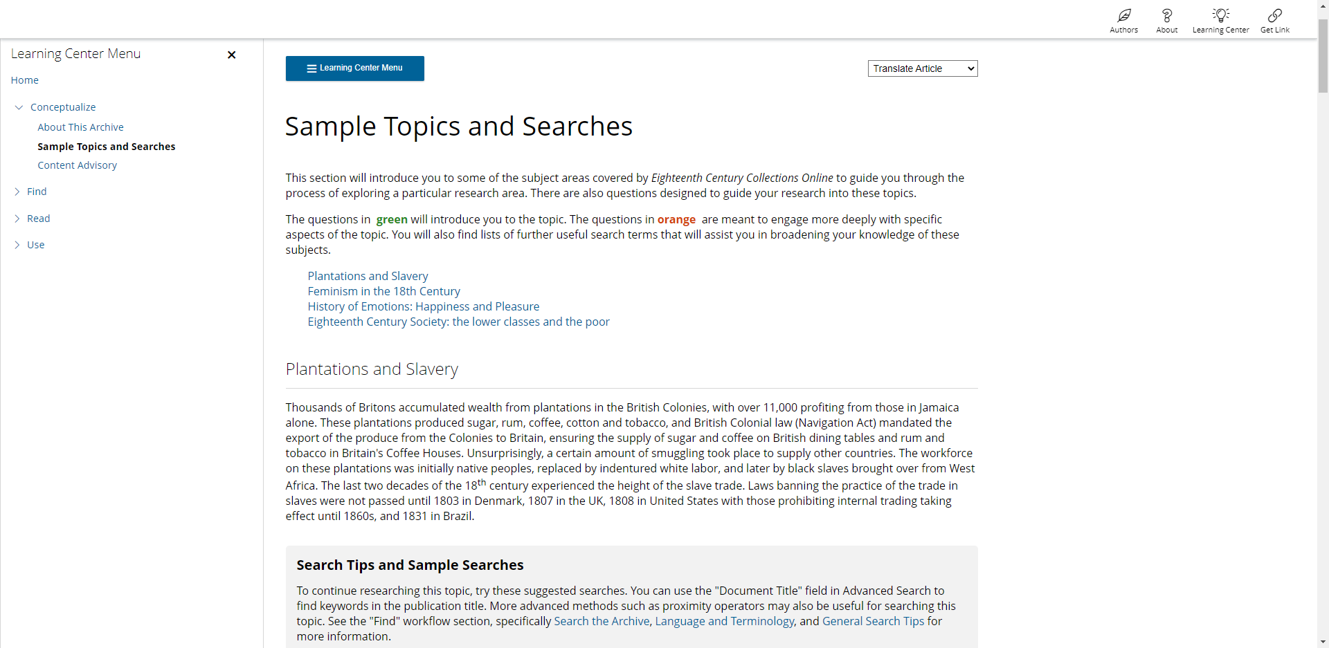 Screenshot showing Learning Center in Eighteenth Century Collections Online