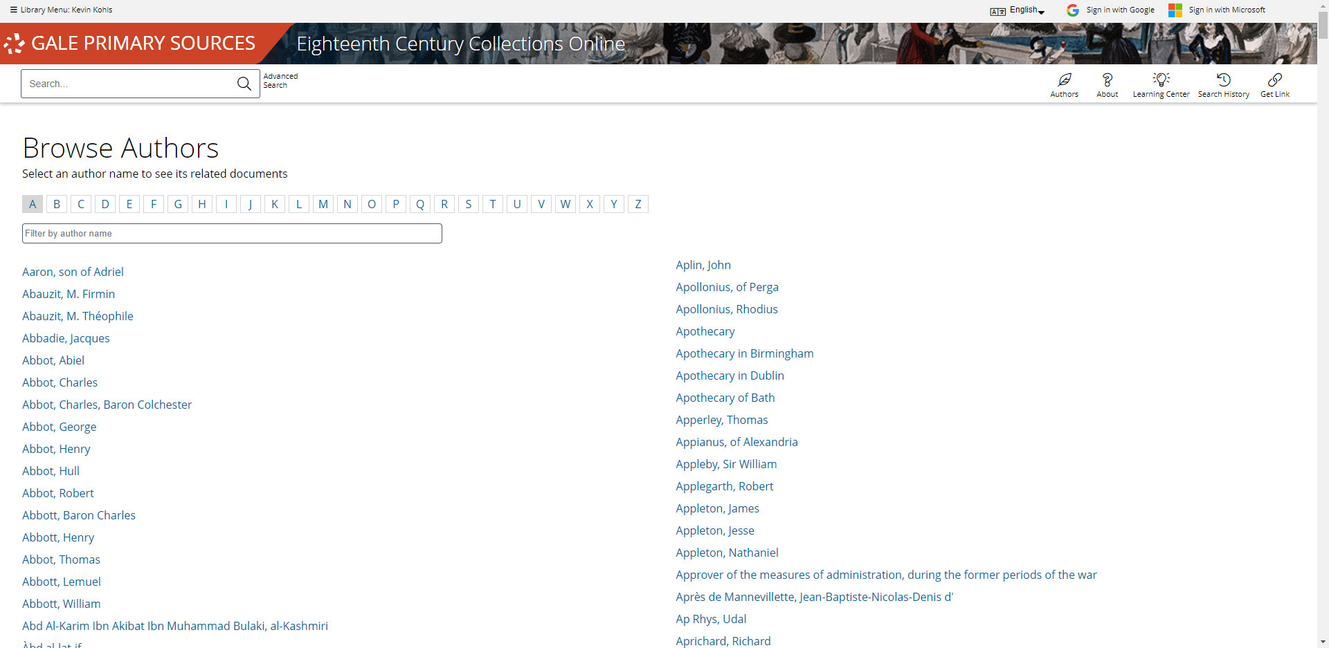 Browse Authors page in Eighteenth Century Collections Online