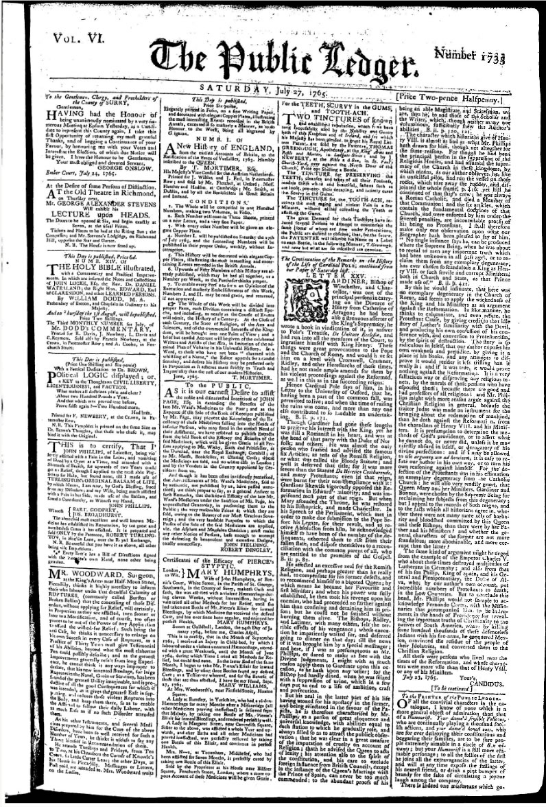 When John Newbery established his daily newspaper, the Public Ledger, or Daily Register of Commerce and Industry, he made a contract with Oliver Goldsmith 