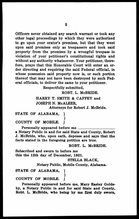 The case of the United States v. McBride (284 F. 416), heard by the Fifth Circuit of the United States Court of Appeals, examined the allowable extent of the search of property and seizure of illegal goods by authorities. This case arose during the Prohibition era and provided significant power to authorities in the enforcement of anti-liquor laws.